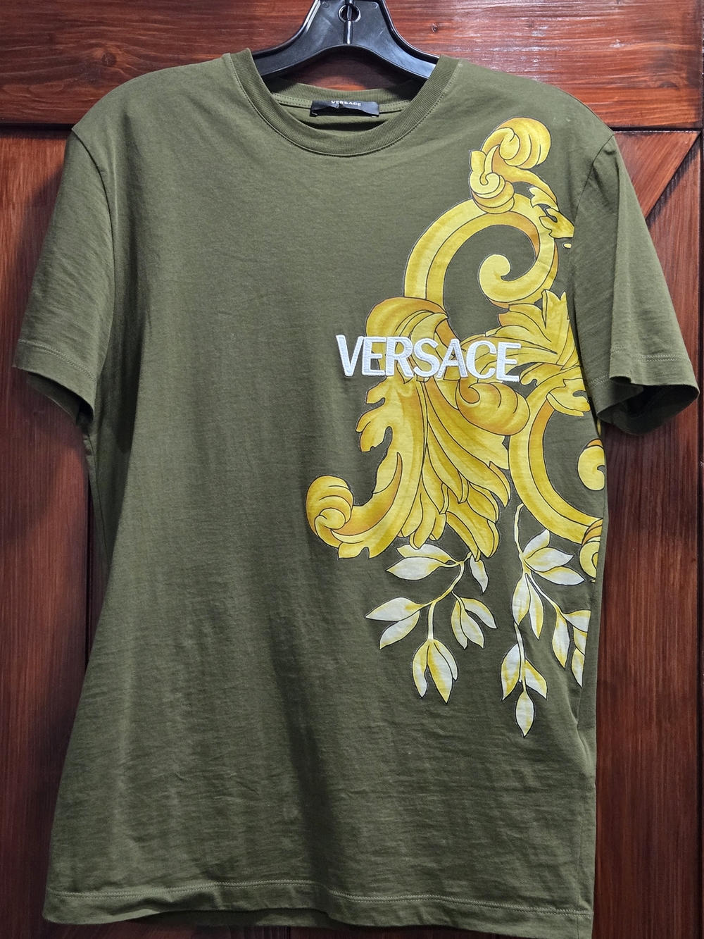 Versace Olive Green Crewneck T-Shirt with Yellow Baroque Motif